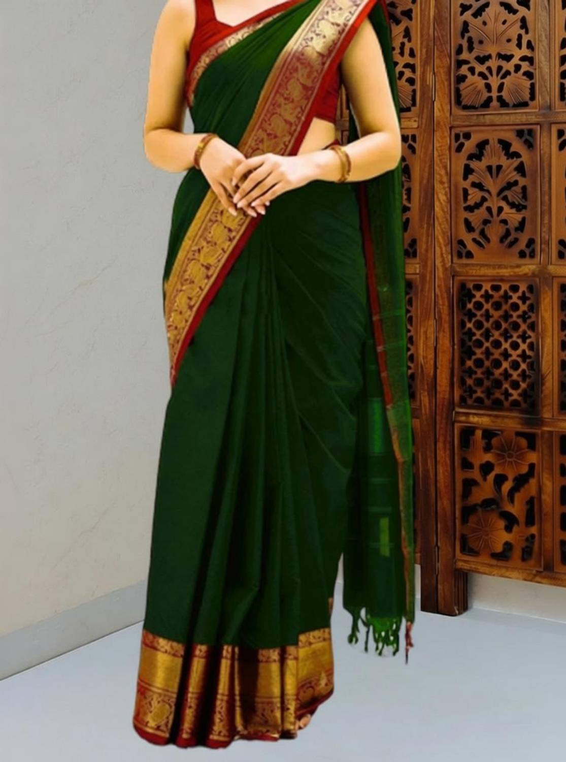 BilloRani Solid/Plain Kanjivaram Cotton Silk, Silk Blend Saree