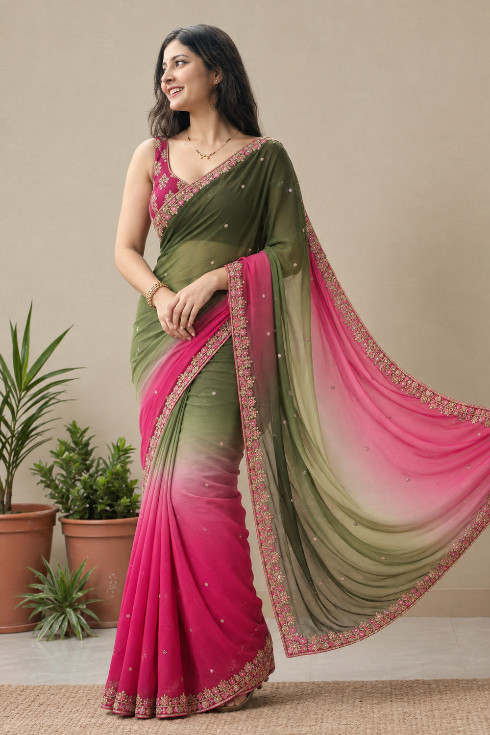 Image of Classy Fashion Ombre, Embroidered Bollywood Georgette Saree