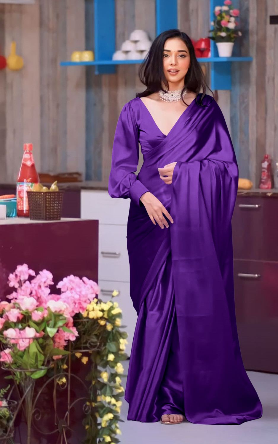 Image of TIMEERAA Solid /Plain Bollywood Satin Saree