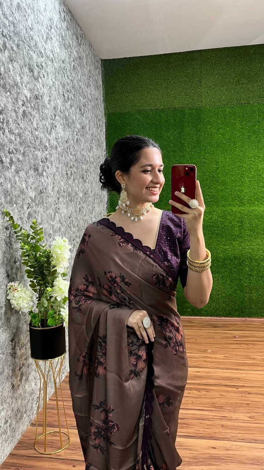 Image of SILKORA Floral Print, Embellished Bollywood Satin, Georgette Saree