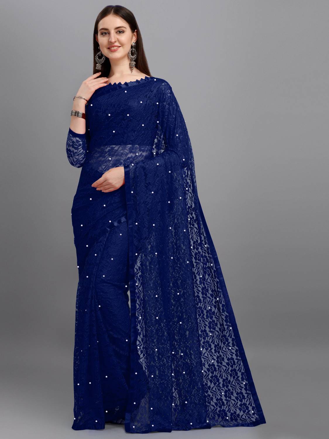 LOROFY Self Design Bollywood Net Saree (Dark Blue)