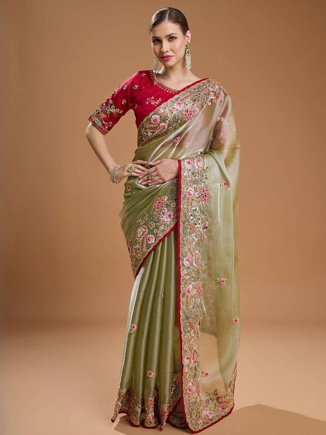 SareezaaStore Embroidered Bollywood Organza Saree Green - Image 3