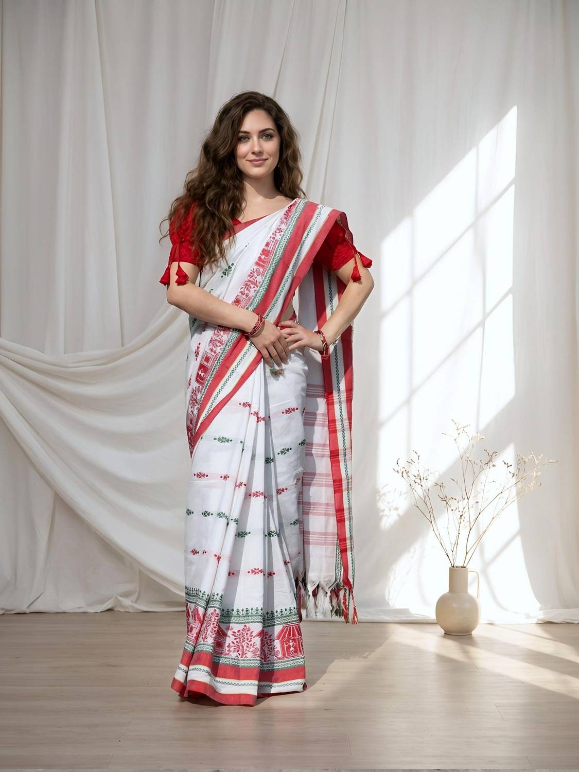 ADIVASI SHOP Printed Handloom Cotton Blend Saree