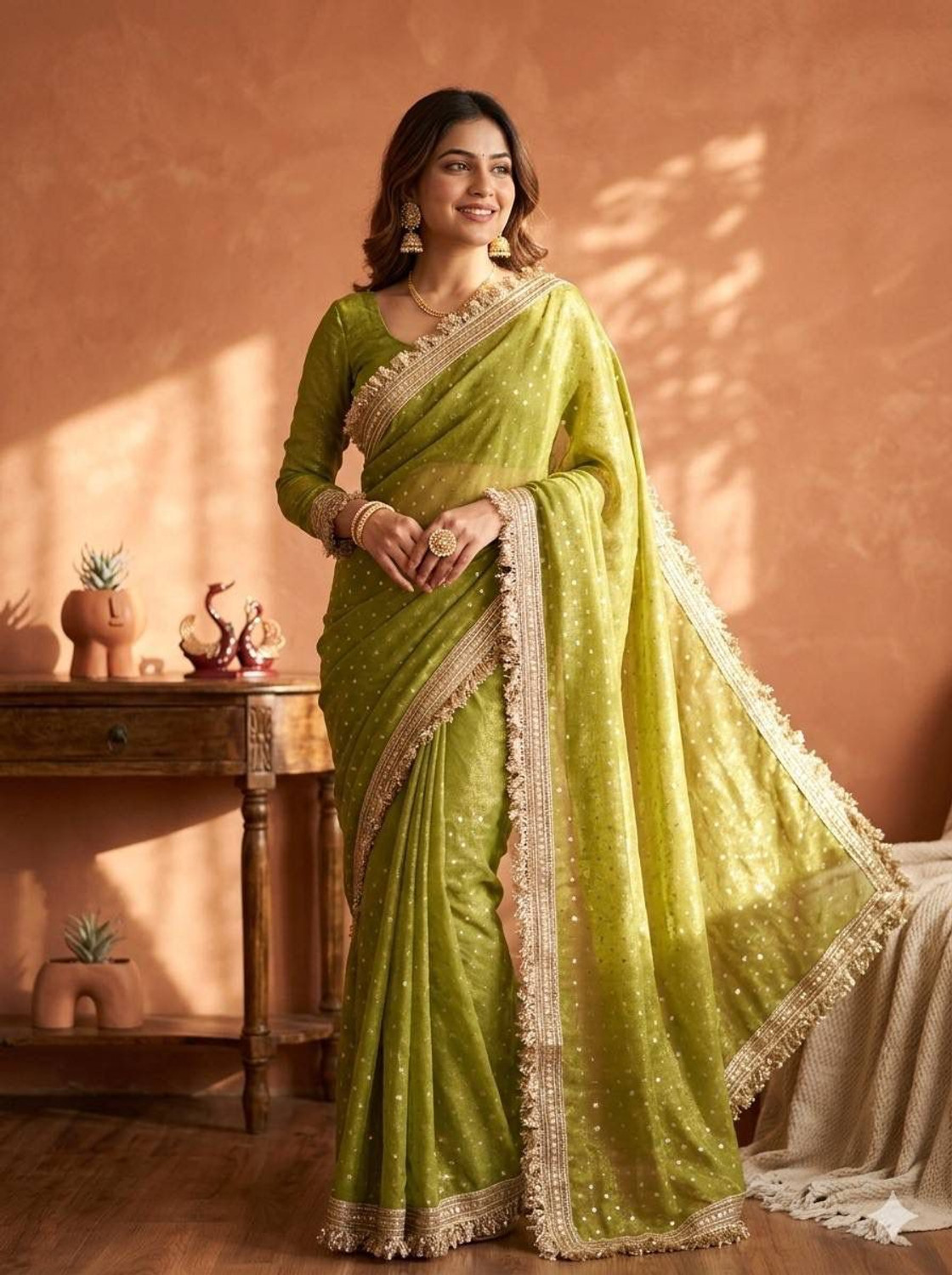 sadika Polka Print, Embroidered Bollywood Jacquard, Pure Silk Saree