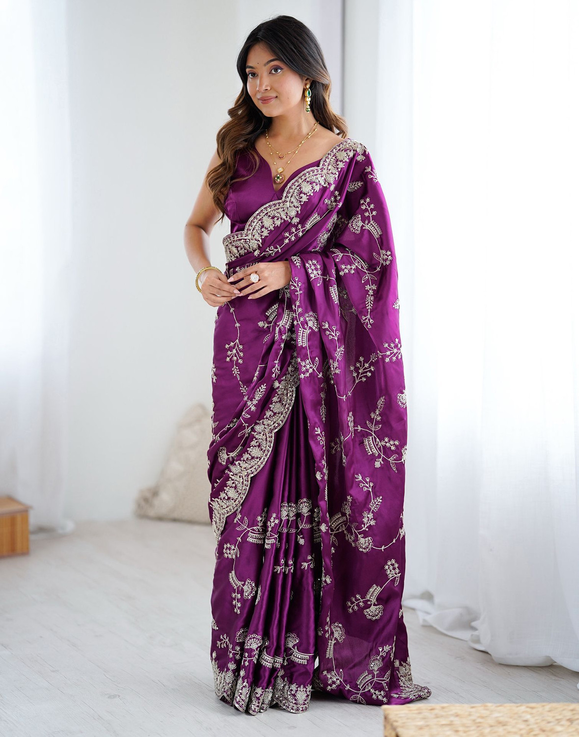 Image of Satrani Embroidered, Embellished Bollywood Satin Saree