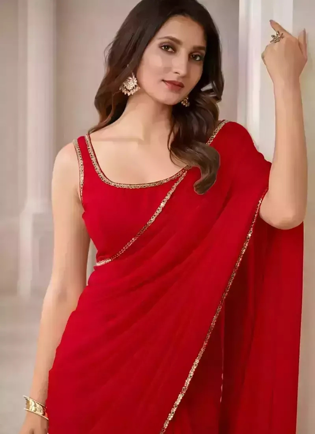 Image of KanjiQueen Embellished Daily Wear Georgette, Silk Blend Saree (Red)