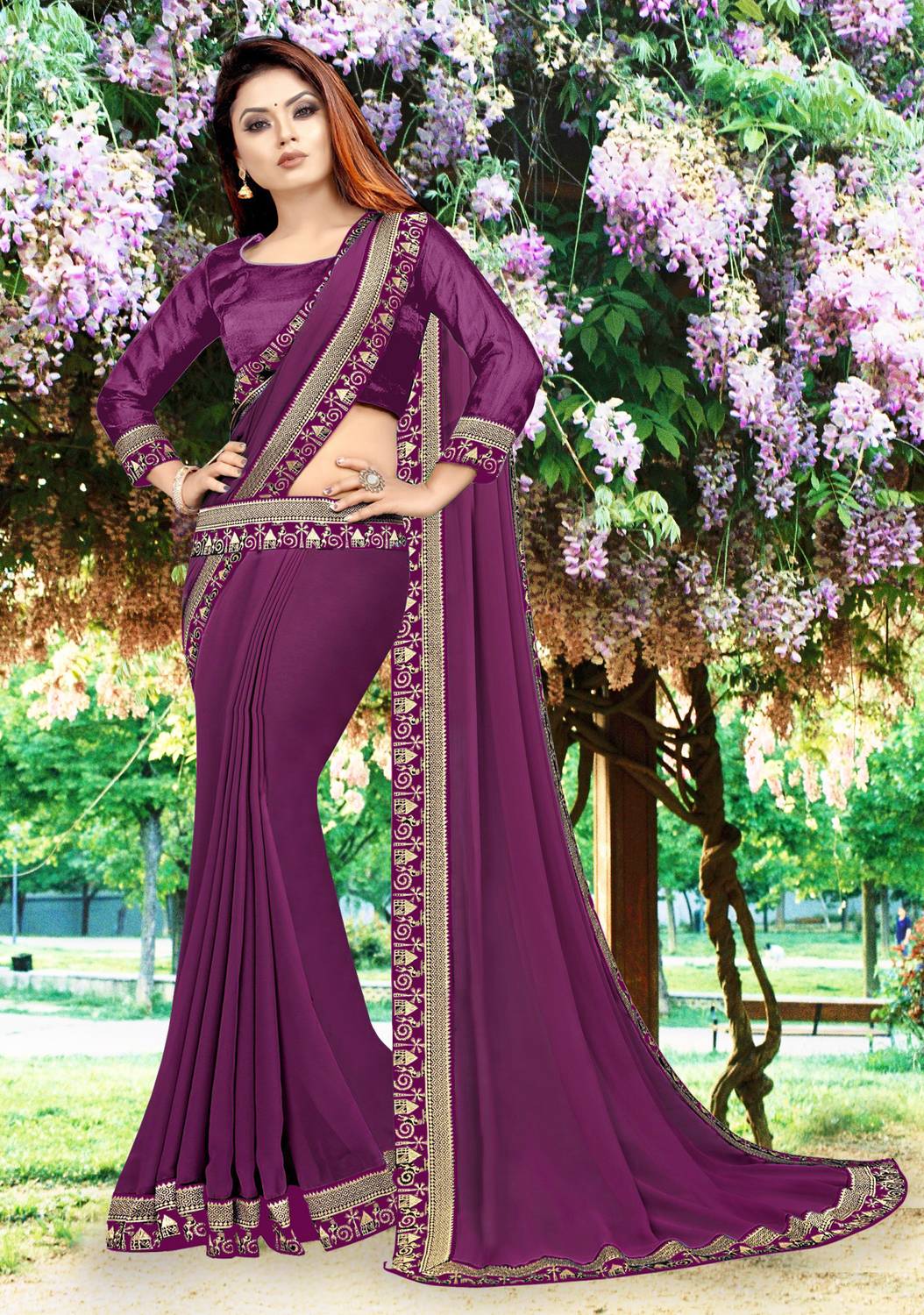 HNC Retail Solid/Plain Bollywood Lycra Blend, Chiffon Saree (Purp