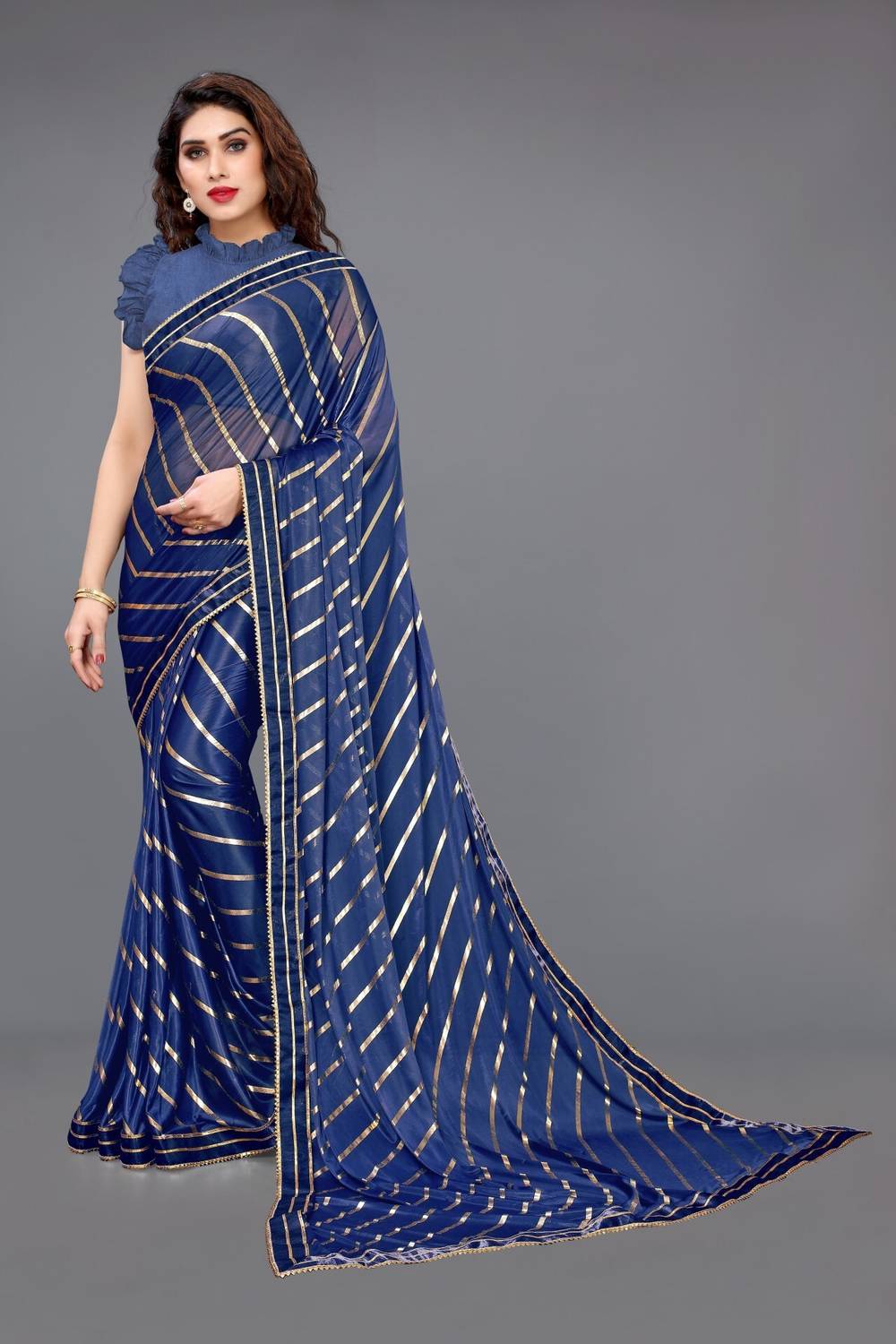 AKFABRICS Striped Bollywood Lace Saree
