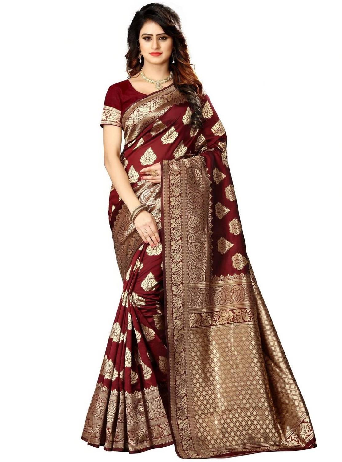 Shoppershopee Woven Kanjivaram Silk Blend Saree Red - Image 1