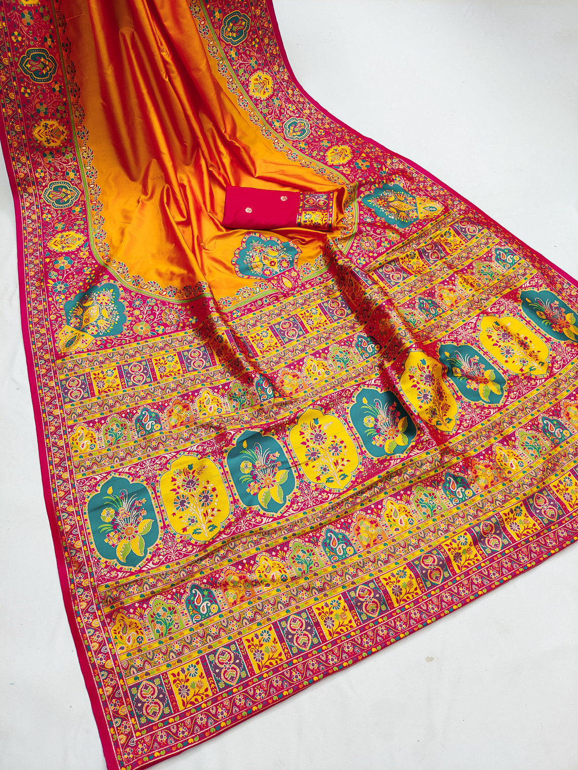 Image of luxvera Woven, Floral Print, Self Design Banarasi Pure Silk, Silk Blend Saree
