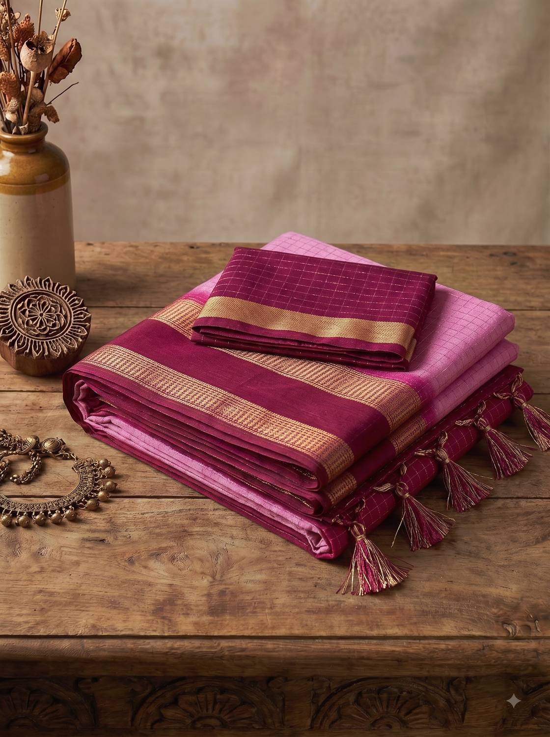 KASTURI Checkered Bollywood Georgette Pink Saree - Image 5