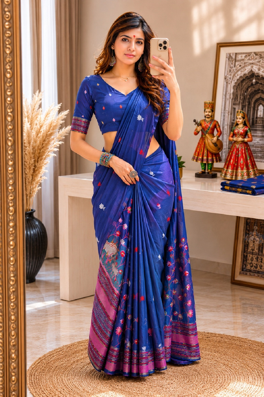 Image of Adakara Embroidered Banarasi Linen Saree (Blue)