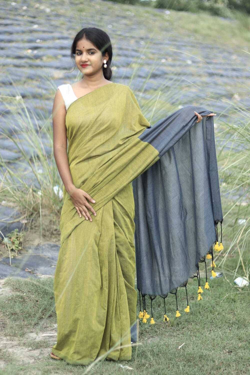 BRYNBRIT Solid/Plain Bollywood Cotton Blend, Jacquard Saree
