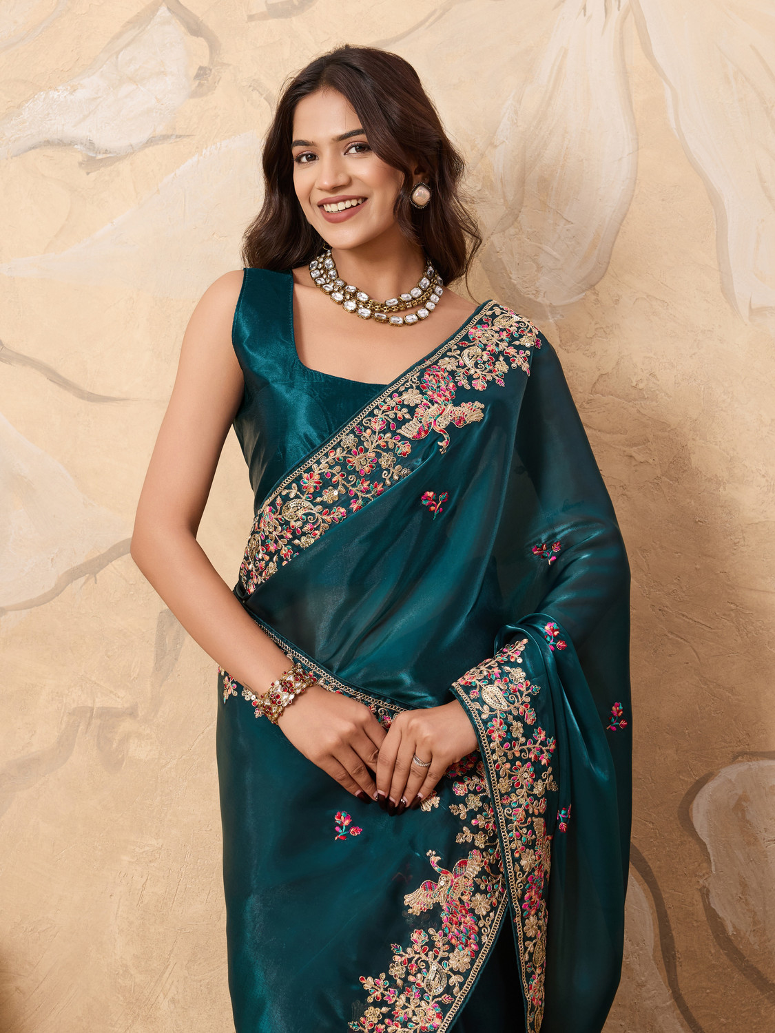 Image of SareezaaStore Embroidered, Floral Print, Solid /Plain Bollywood Tissue, Organza Saree