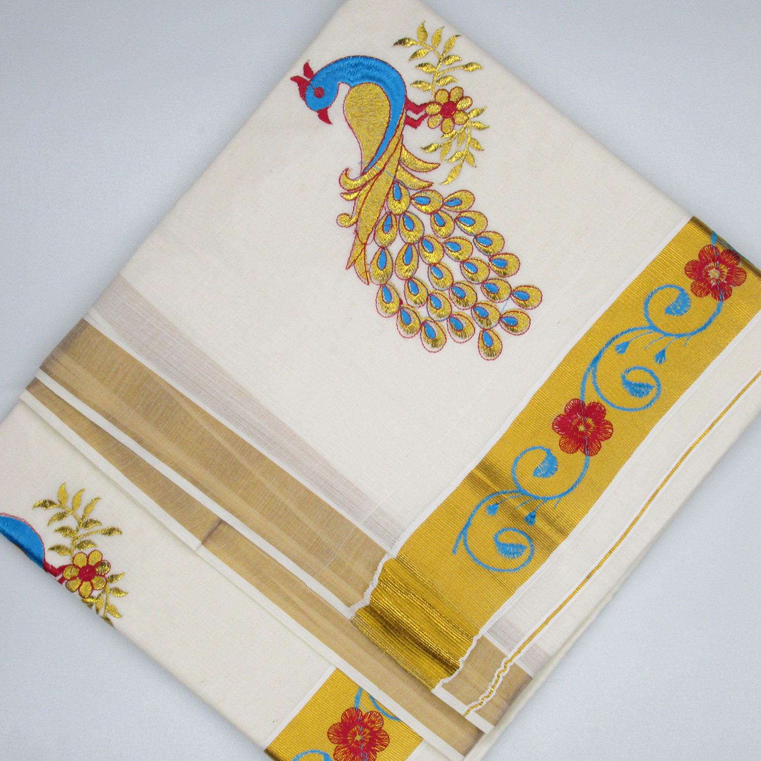 Image of Peerless Embroidered Kasavu Handloom Pure Cotton Saree