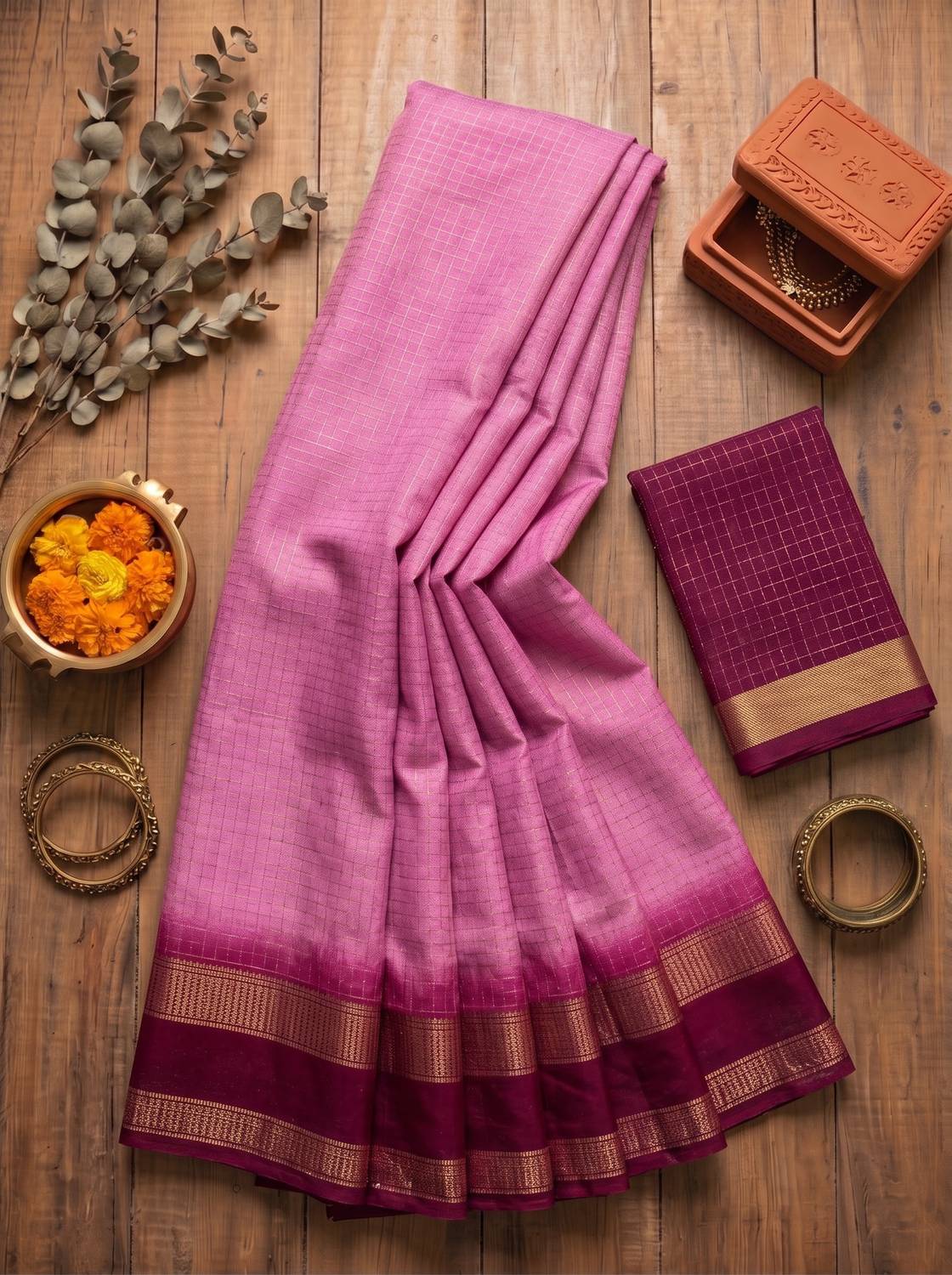 KASTURI Checkered Bollywood Georgette Pink Saree - Image 4