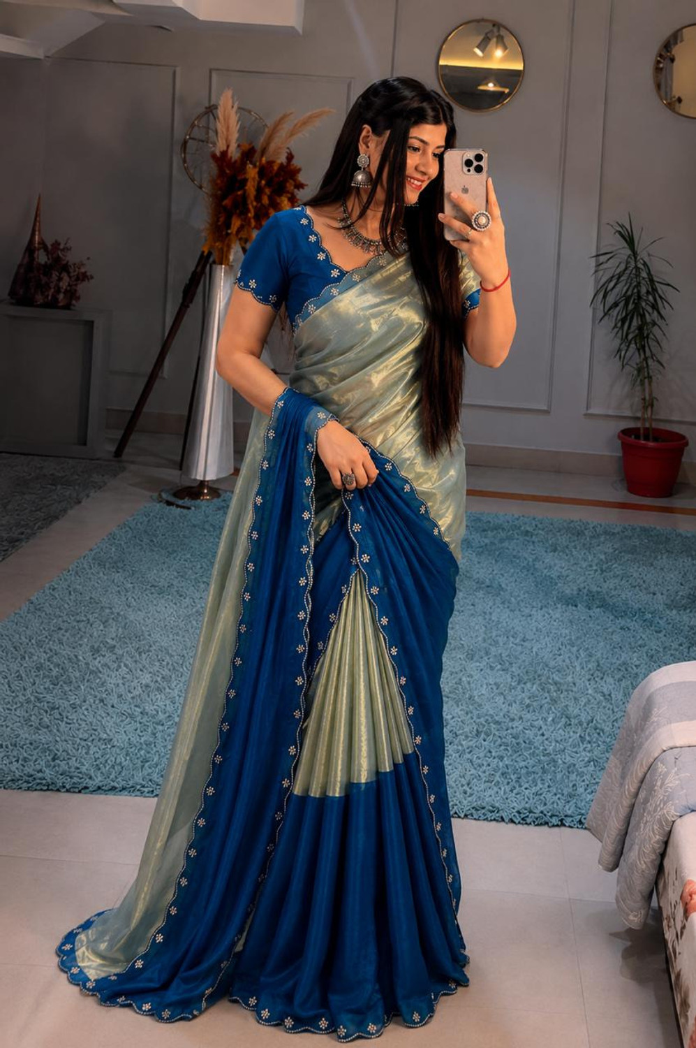 Image of sadala culture Embellished, Color Block Bollywood Tissue, Satin Saree