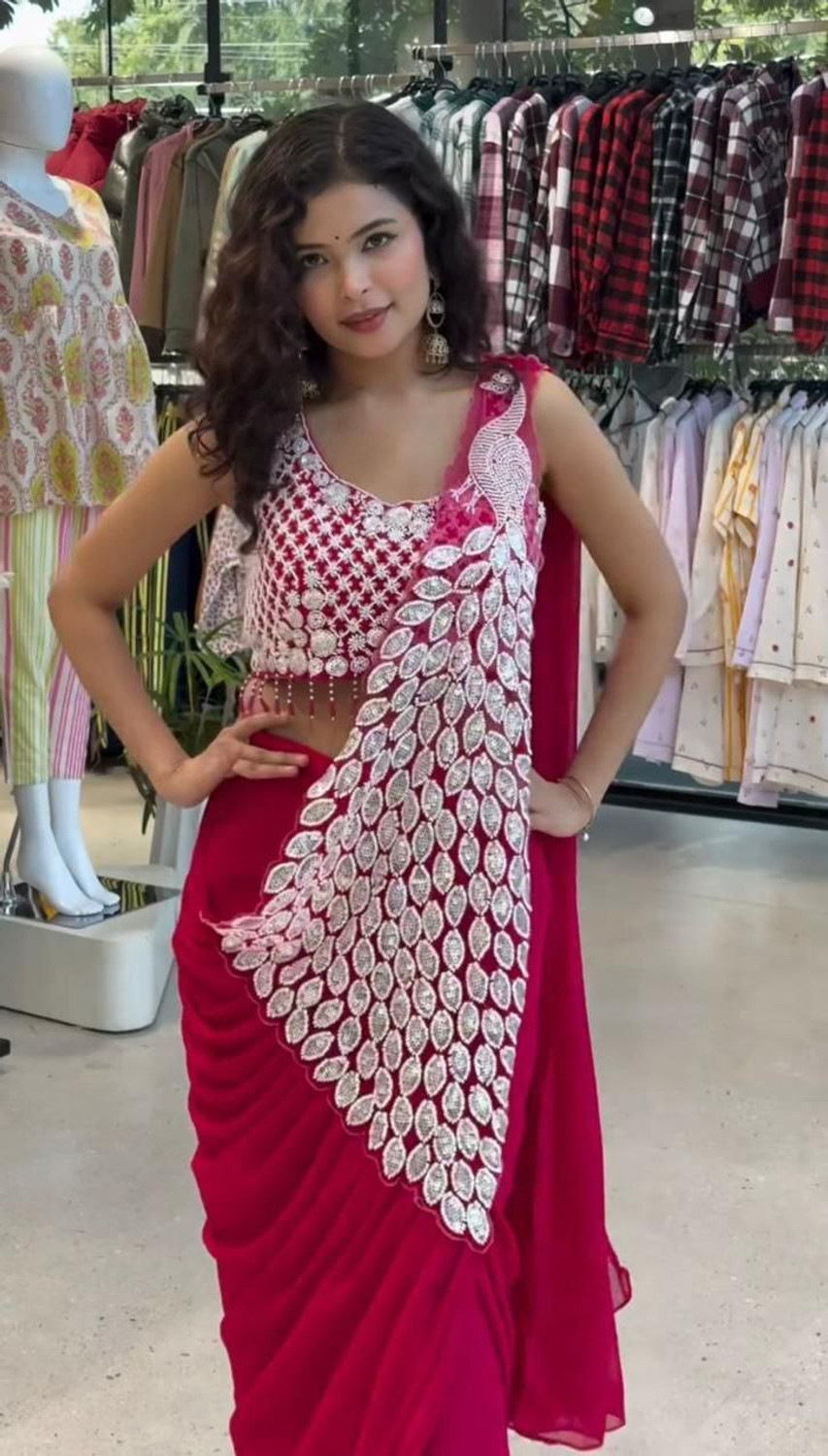 Image of VOAKT Embroidered, Embellished Pre Draped Saree Georgette Saree