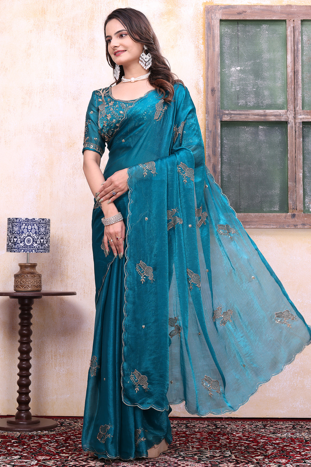 Image of K 5 FASHION Embellished, Floral Print Bollywood Tissue Saree
