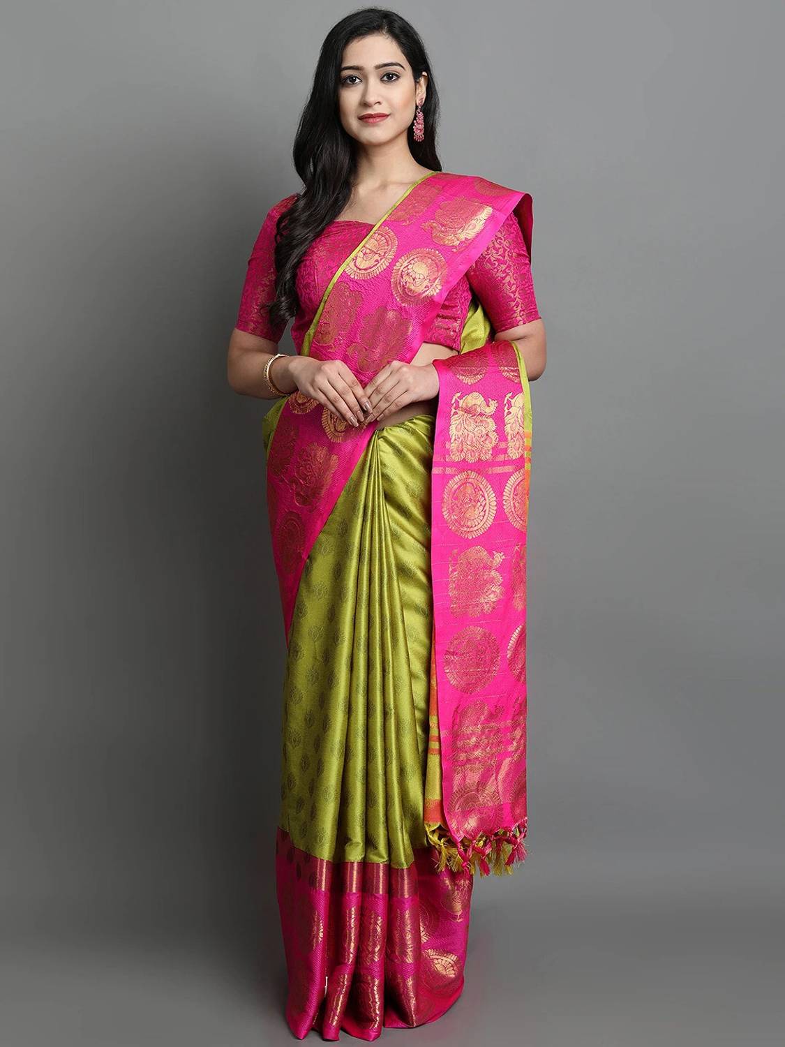 VILLAGIUS Embellished, Woven Kanjivaram Cotton Silk, Art Silk Sar