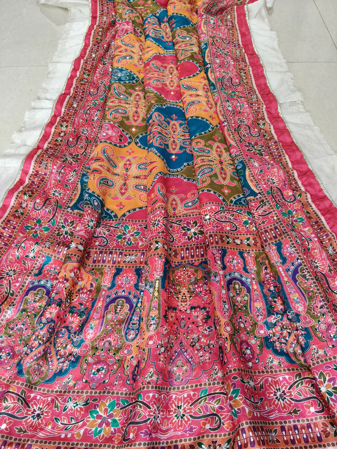 Image of SLERIX Printed Banarasi Crepe Saree (Multicolor)