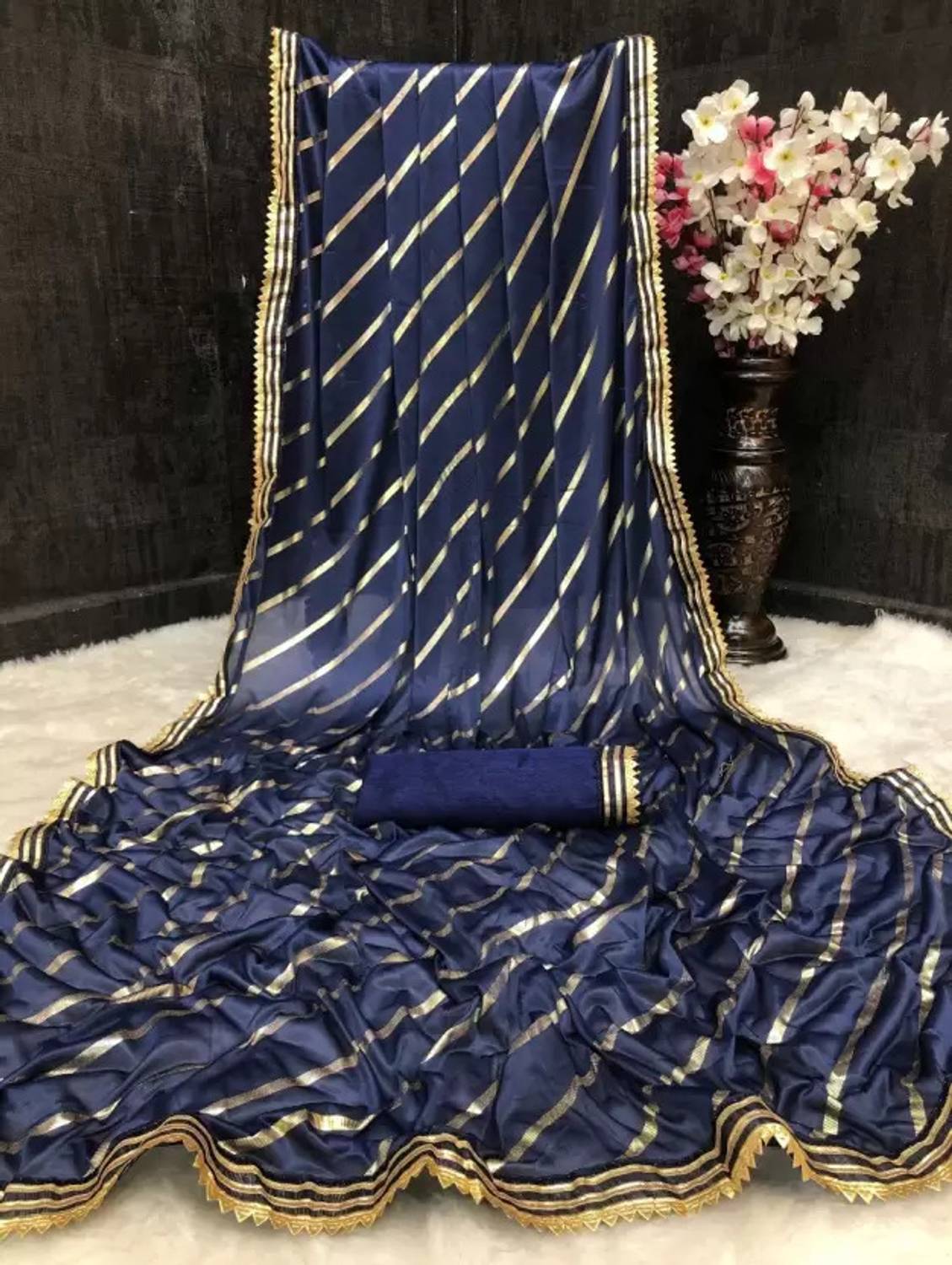 AMALAK Striped Bollywood Lycra Blend Saree