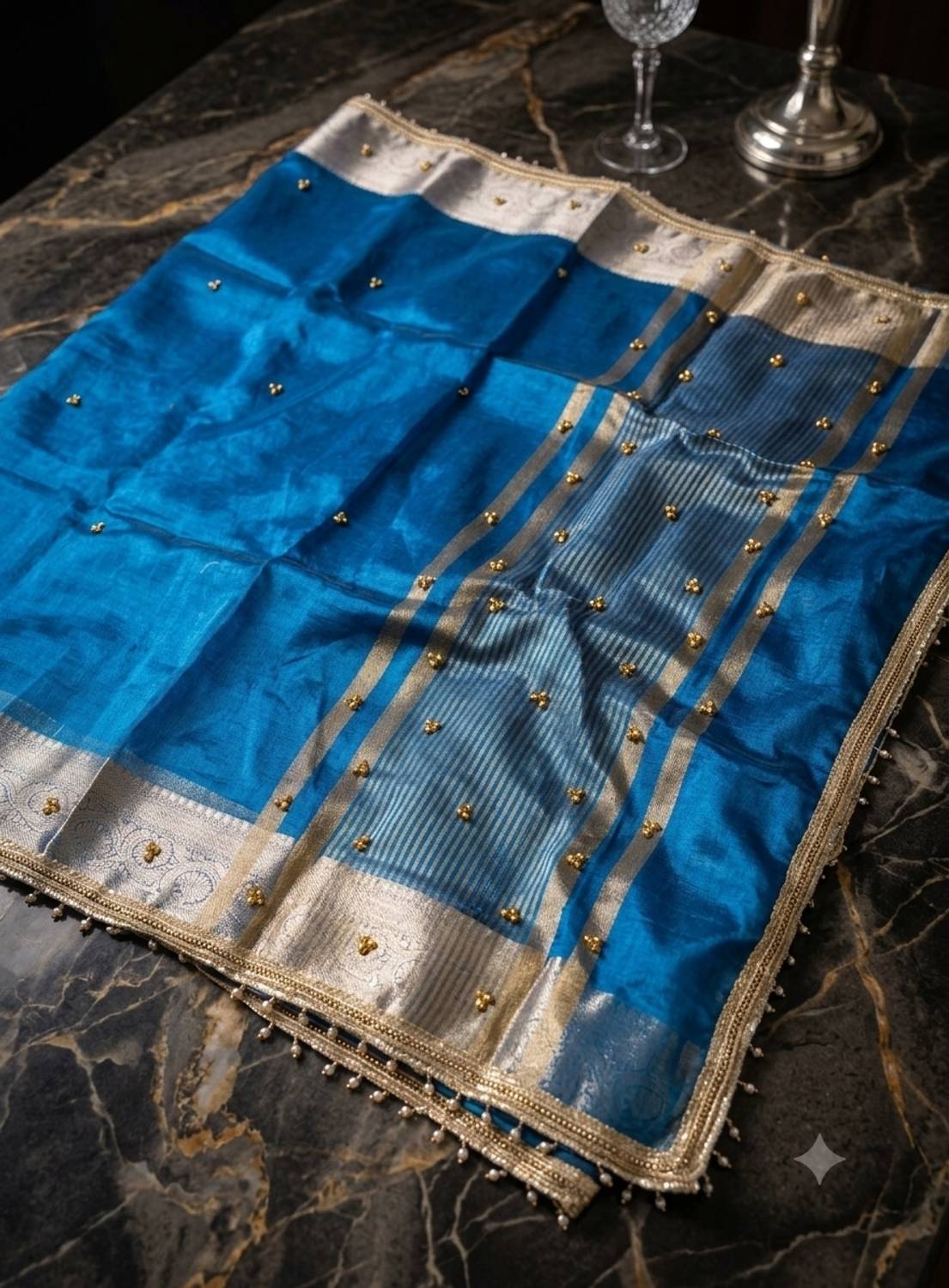 ANTextiles Blue Banarasi Tissue Saree - Image 1