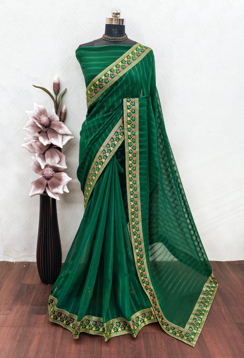 Image of PRISHIV TEXTILE Striped Daily Wear Georgette Saree