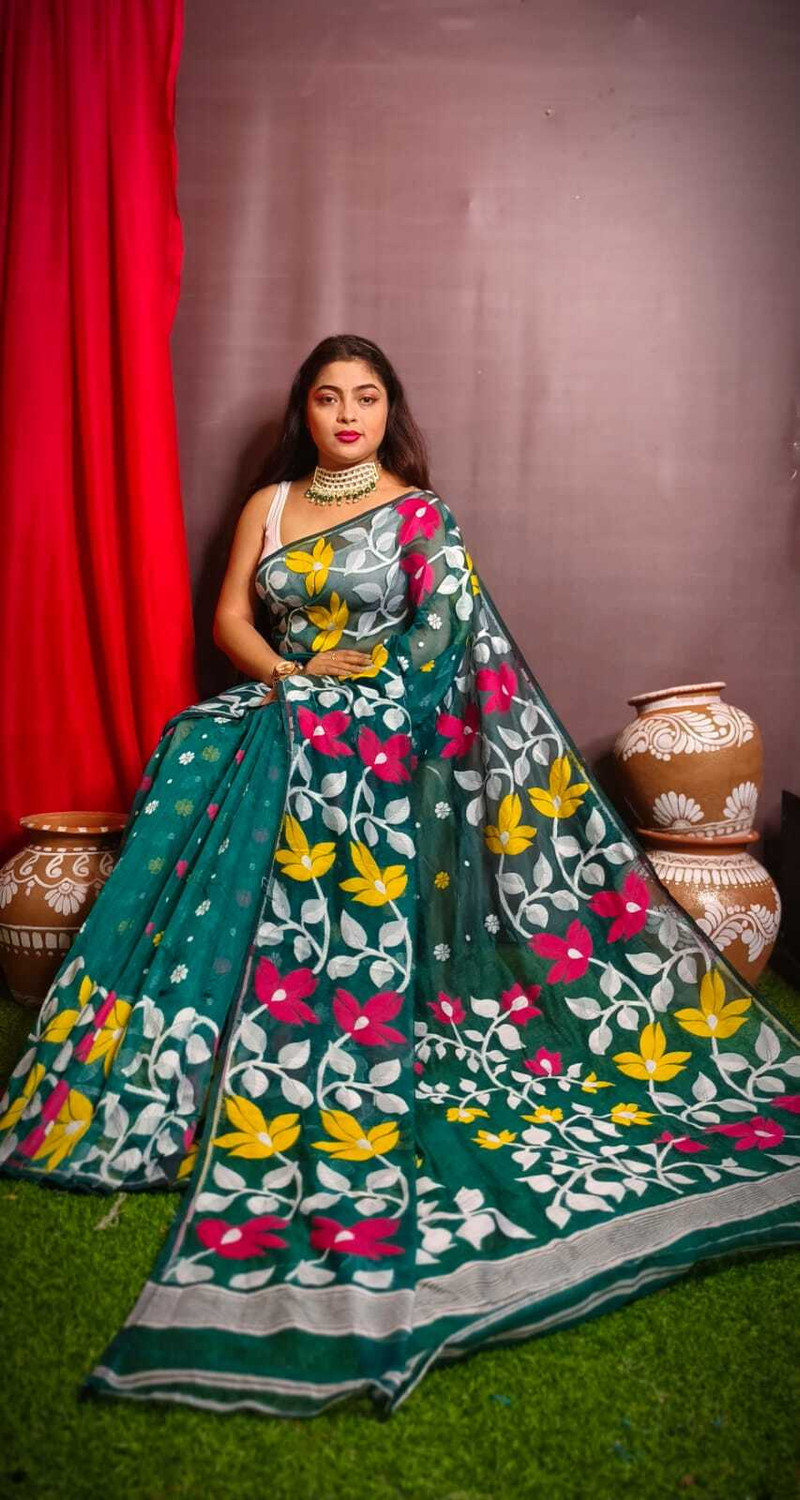 Image of bongstyle Woven, Floral Print Jamdani Cotton Silk Saree