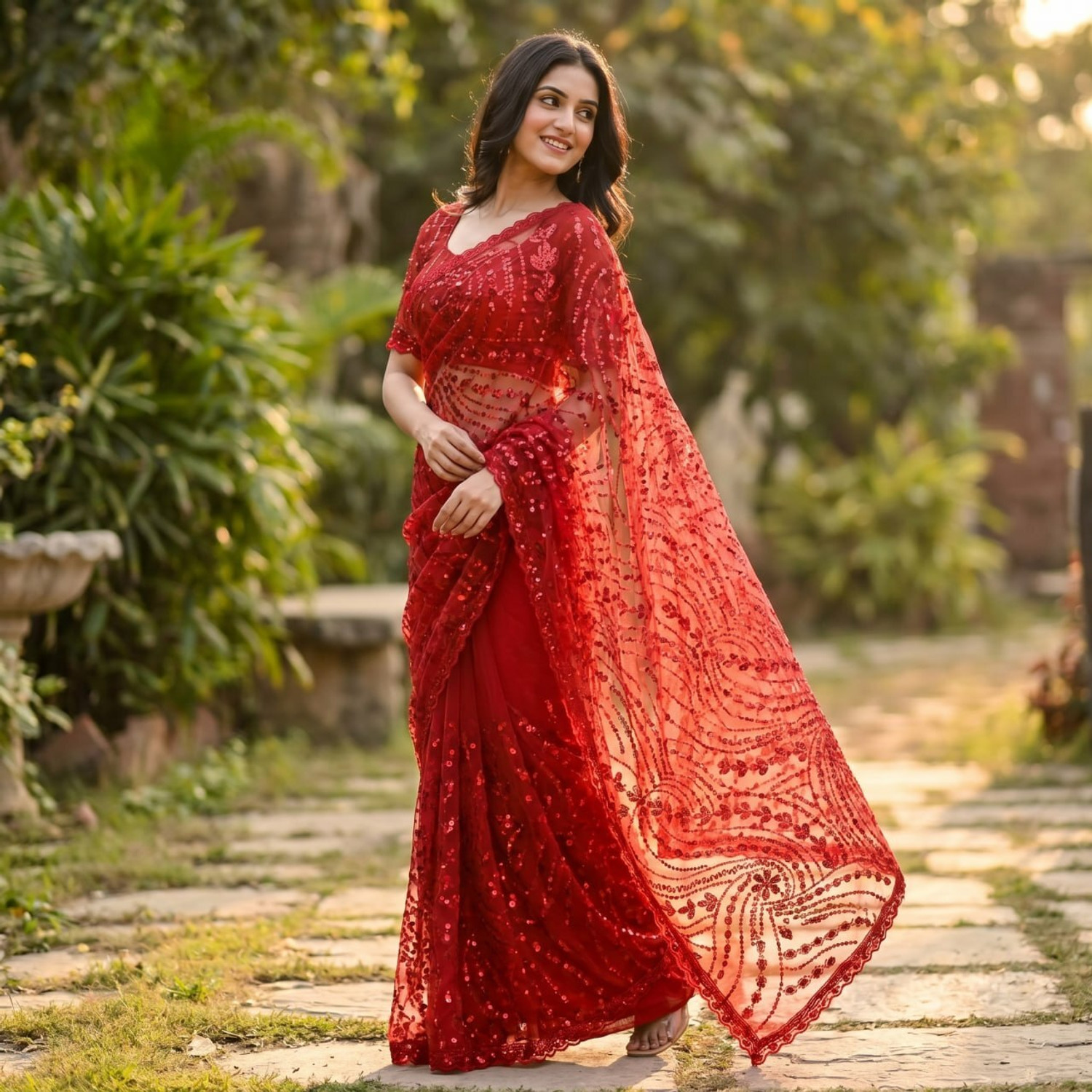 Image of Munir Clothing Embellished, Embroidered, Floral Print, Printed, Woven Bollywood Net Saree (Red)