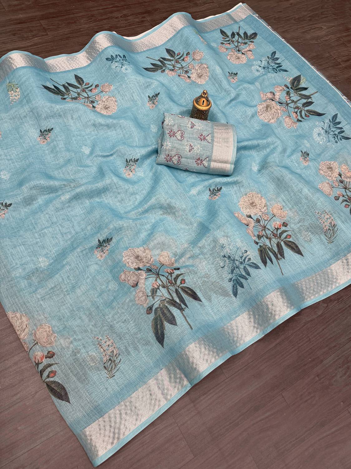 Aangan Silk Digital Print, Floral Print, Printed, Self Design Daily Wear Cotton Linen Saree