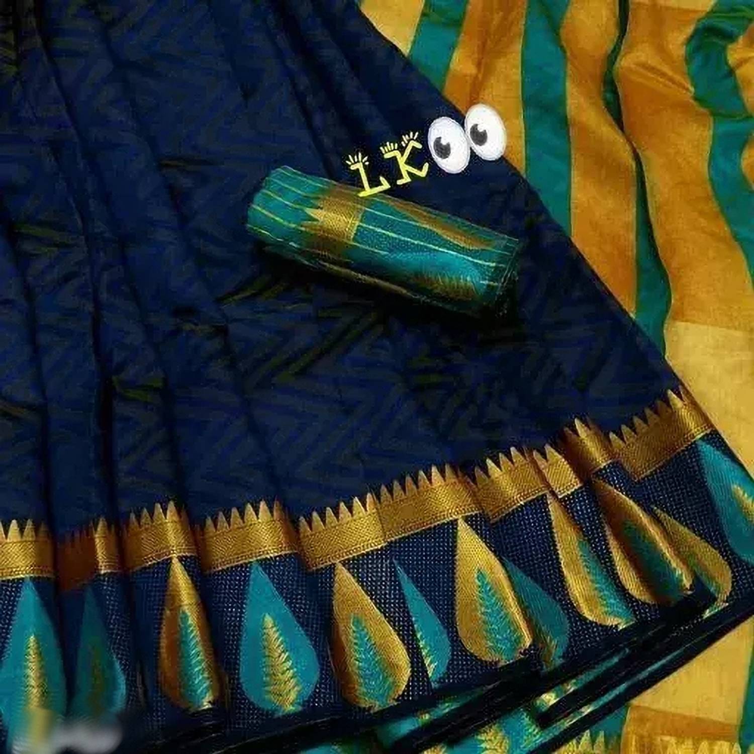Kartvya Printed Kanjivaram Jacquard, Pure Silk Saree (Dark Blue,
