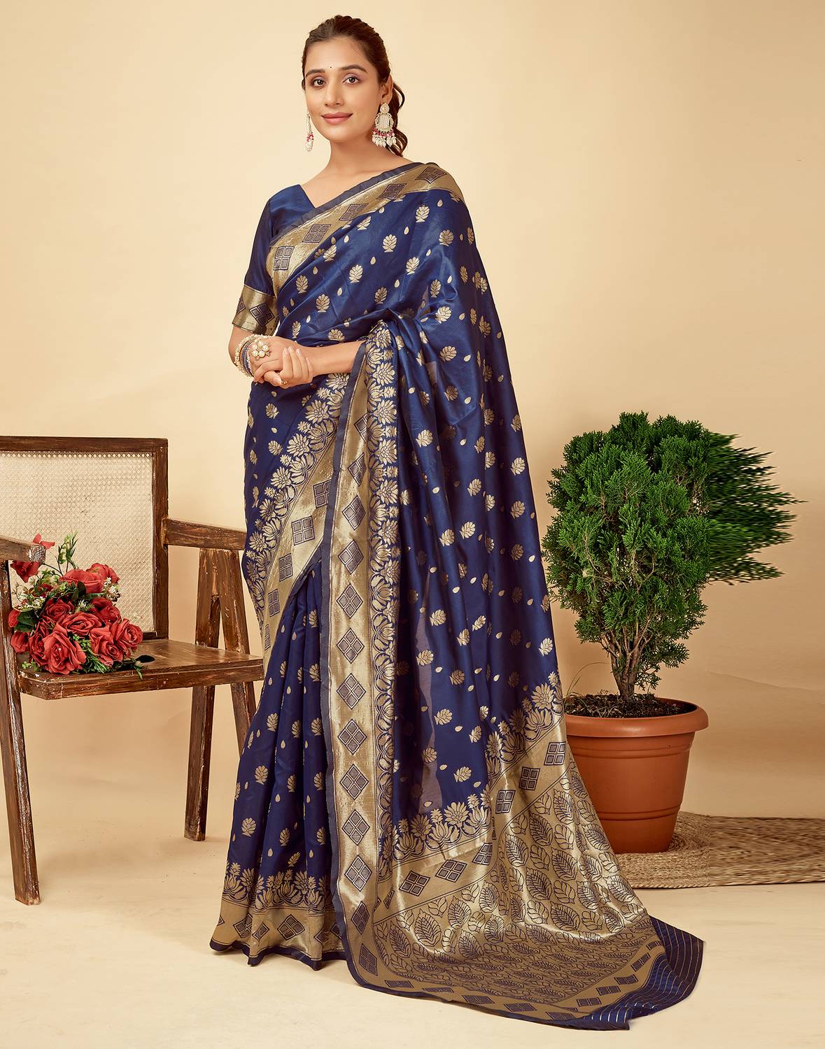 Samah Dyed, Woven, Embellished Banarasi Silk Blend Saree (Dark Bl