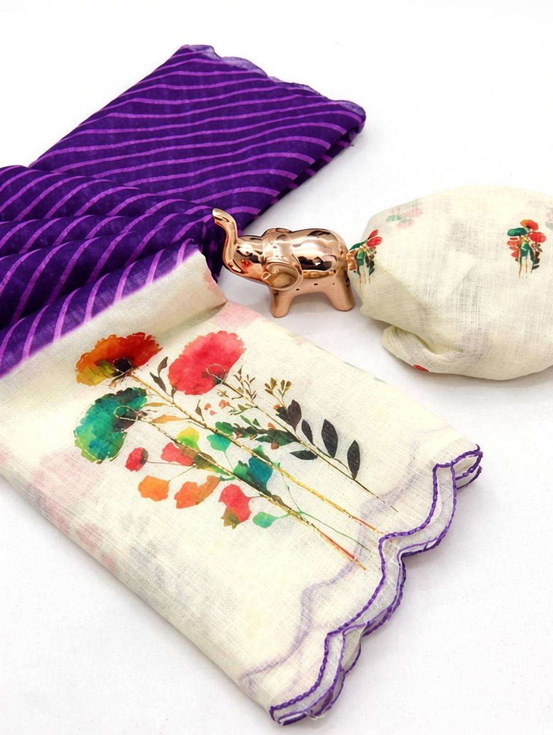 Anshal Digital Print, Floral Print, Striped Bollywood Cotton Linen Saree