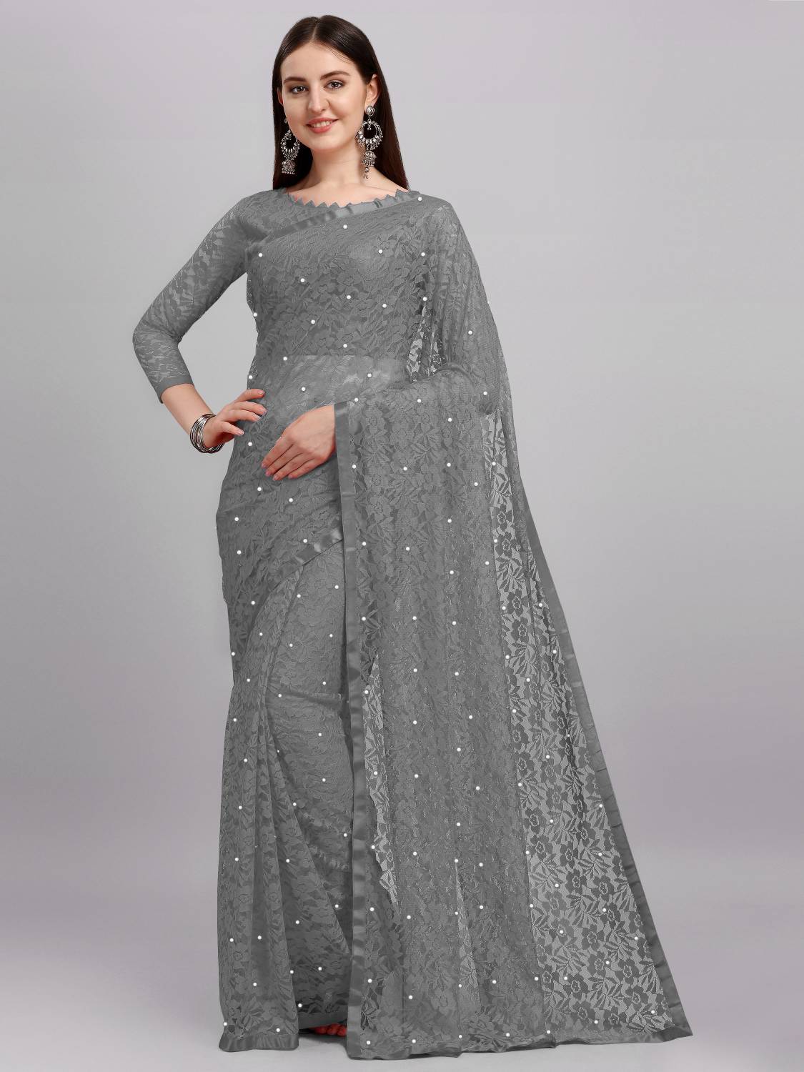LOROFY Self Design Bollywood Net Saree (Grey)