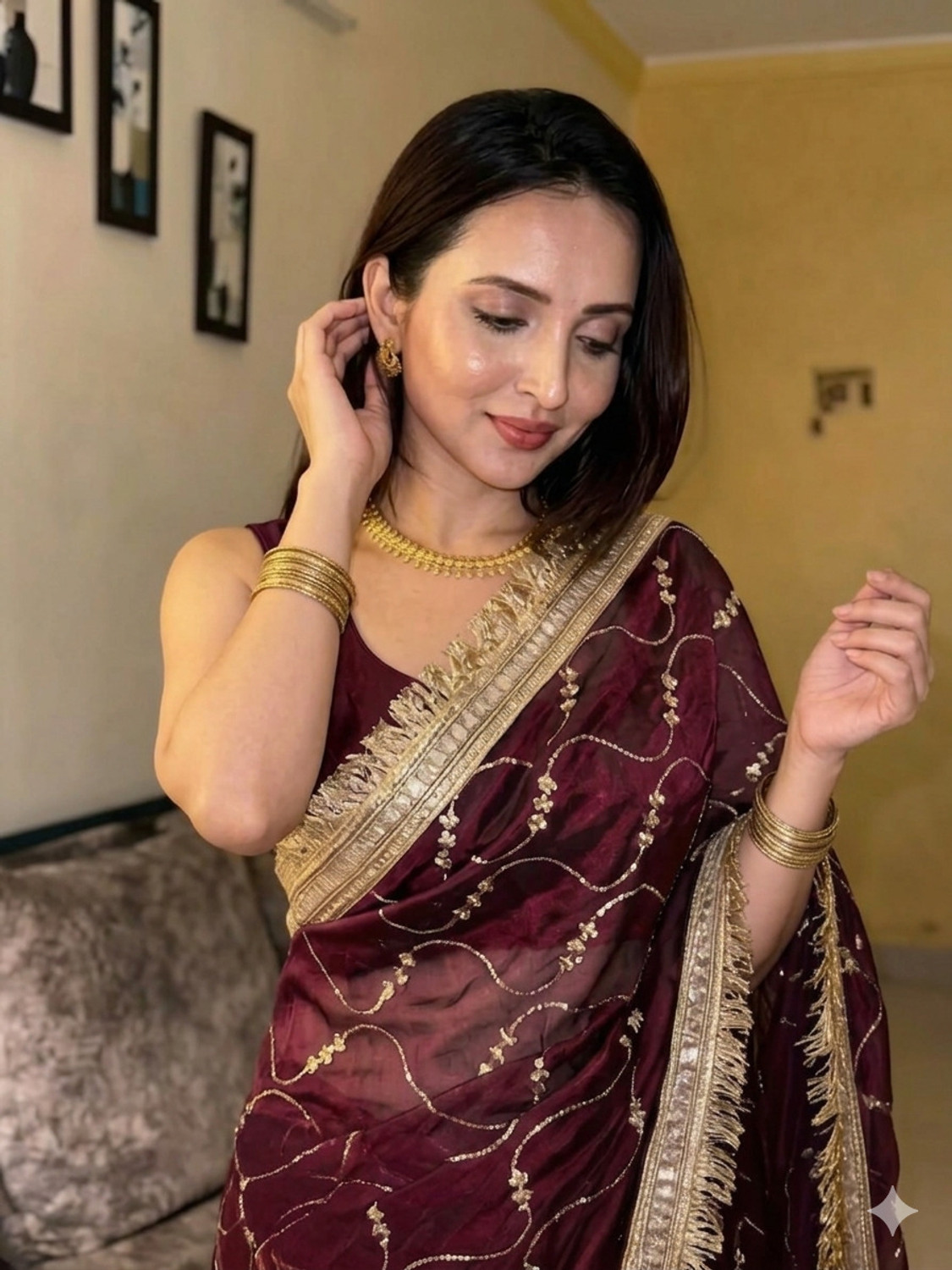 Image of ARTSUTRAA Embroidered Bollywood Pure Silk Saree (Maroon)