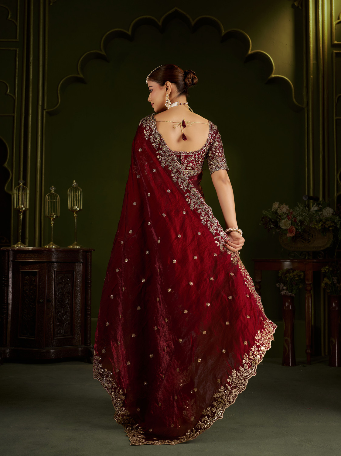 Image of QVIDYA Embroidered, Embellished Bollywood Jimmy Jimmy, Organza Saree