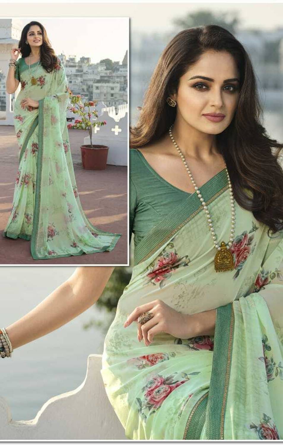 DIKONA DESIGNER Printed, Floral Print, Hand Painted, Graphic Print, Digital Print, Self Design Bollywood Chiffon, Georgette Saree