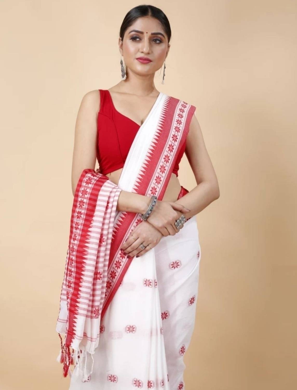 R B SAREE HOUSE Printed Handloom Jacquard, Pure Cotton Saree (Whi