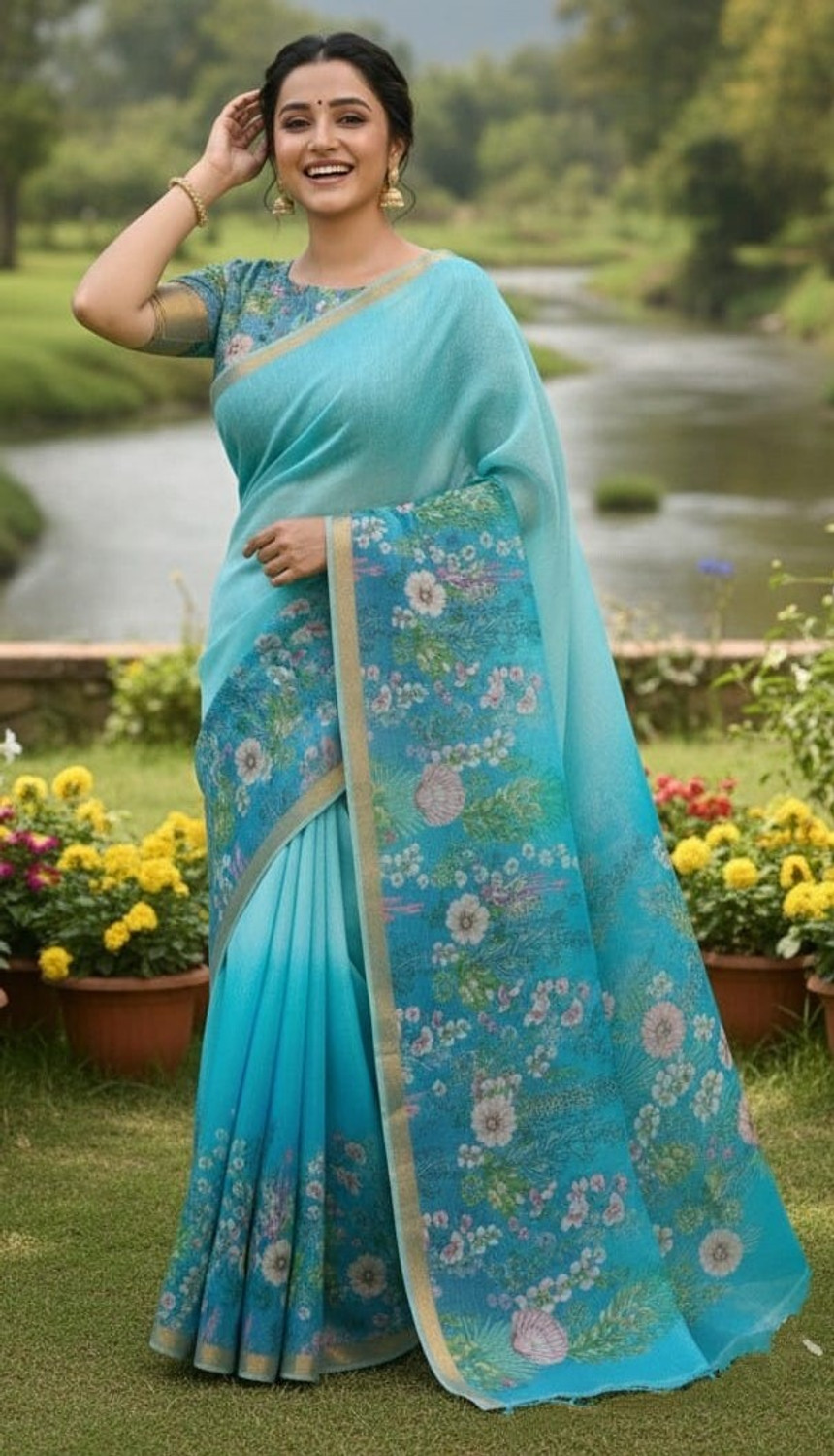 Image of M MAANVIT Floral Print Daily Wear Pure Cotton, Cotton Linen Saree