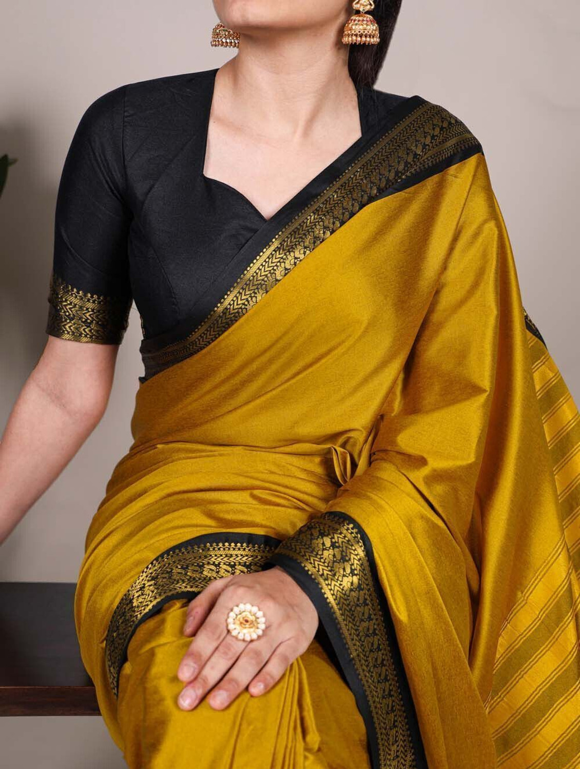 Image of KREZVI Self Design, Printed, Striped, Embroidered, Woven, Floral Print Kanjivaram Jacquard, Pure Silk Saree