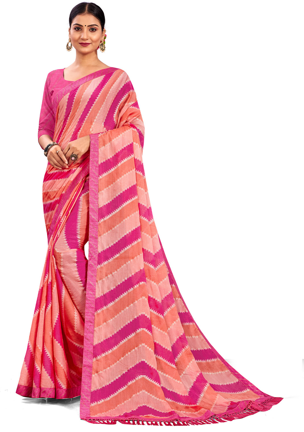 Image of Nayanthara Trends Printed Leheria Chiffon Saree