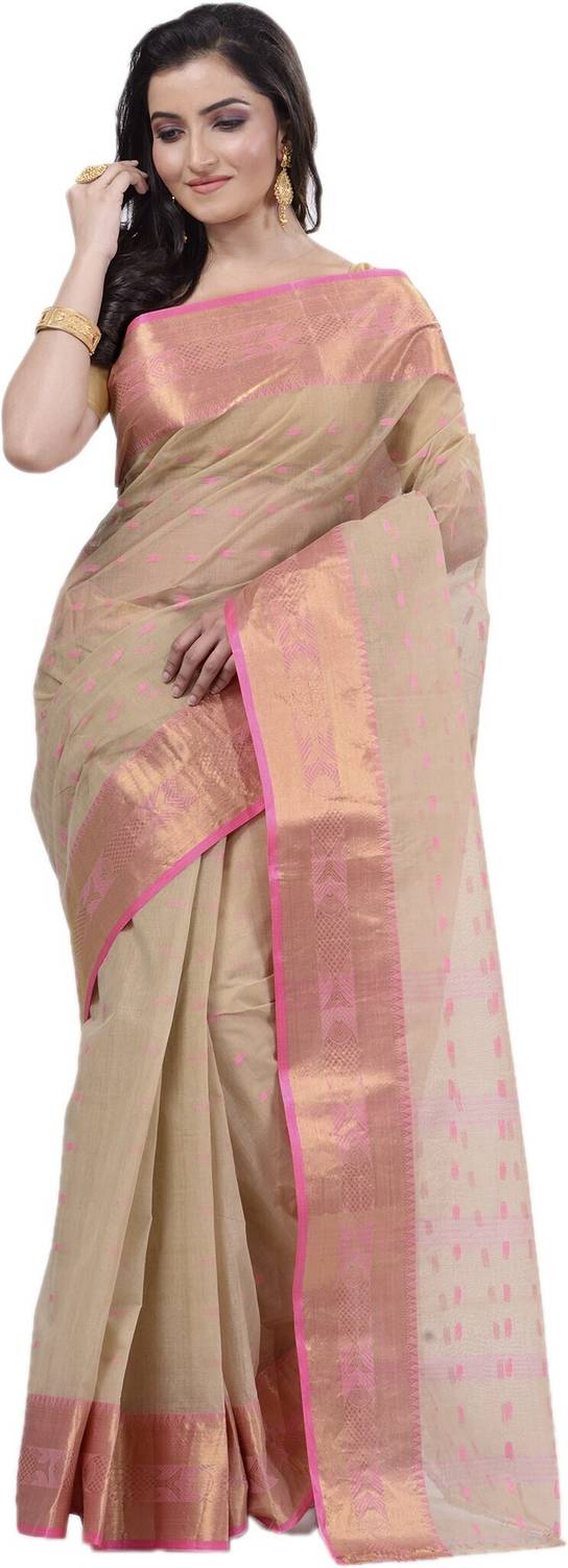 SRILOK Self Design Jamdani Cotton Blend Saree (Cream)