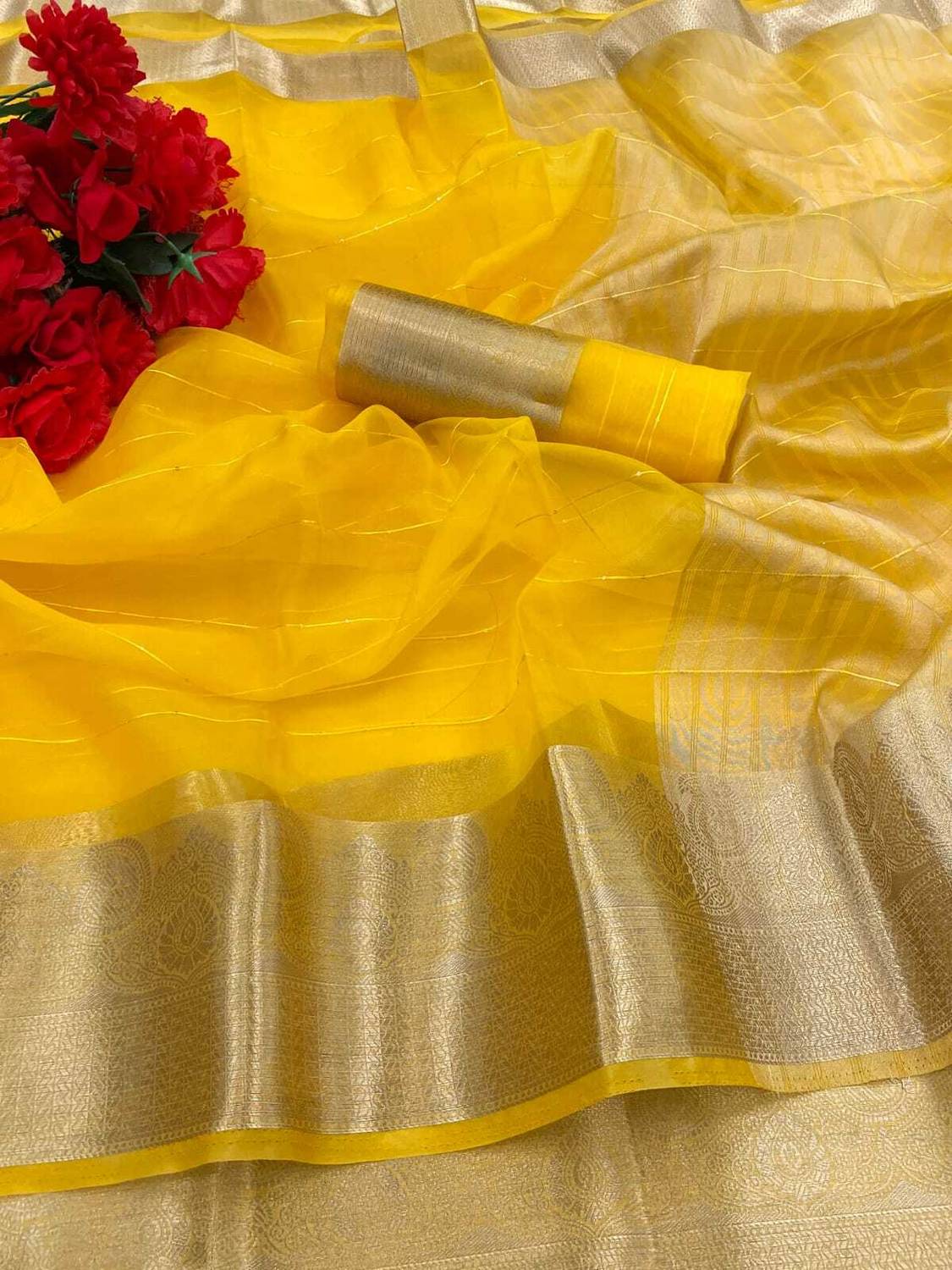 movaliya brothers Printed Banarasi Organza Saree (Multicolor)