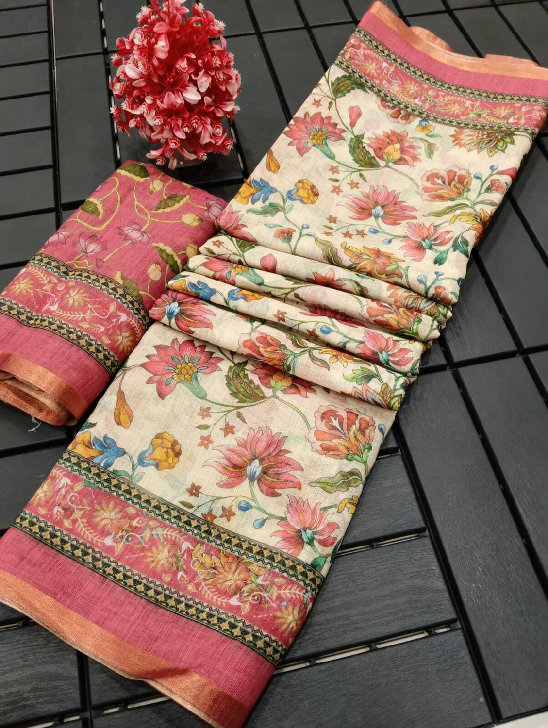 Image of DEVICE of NT Floral Print Kanjivaram Pure Cotton, Cotton Linen Saree