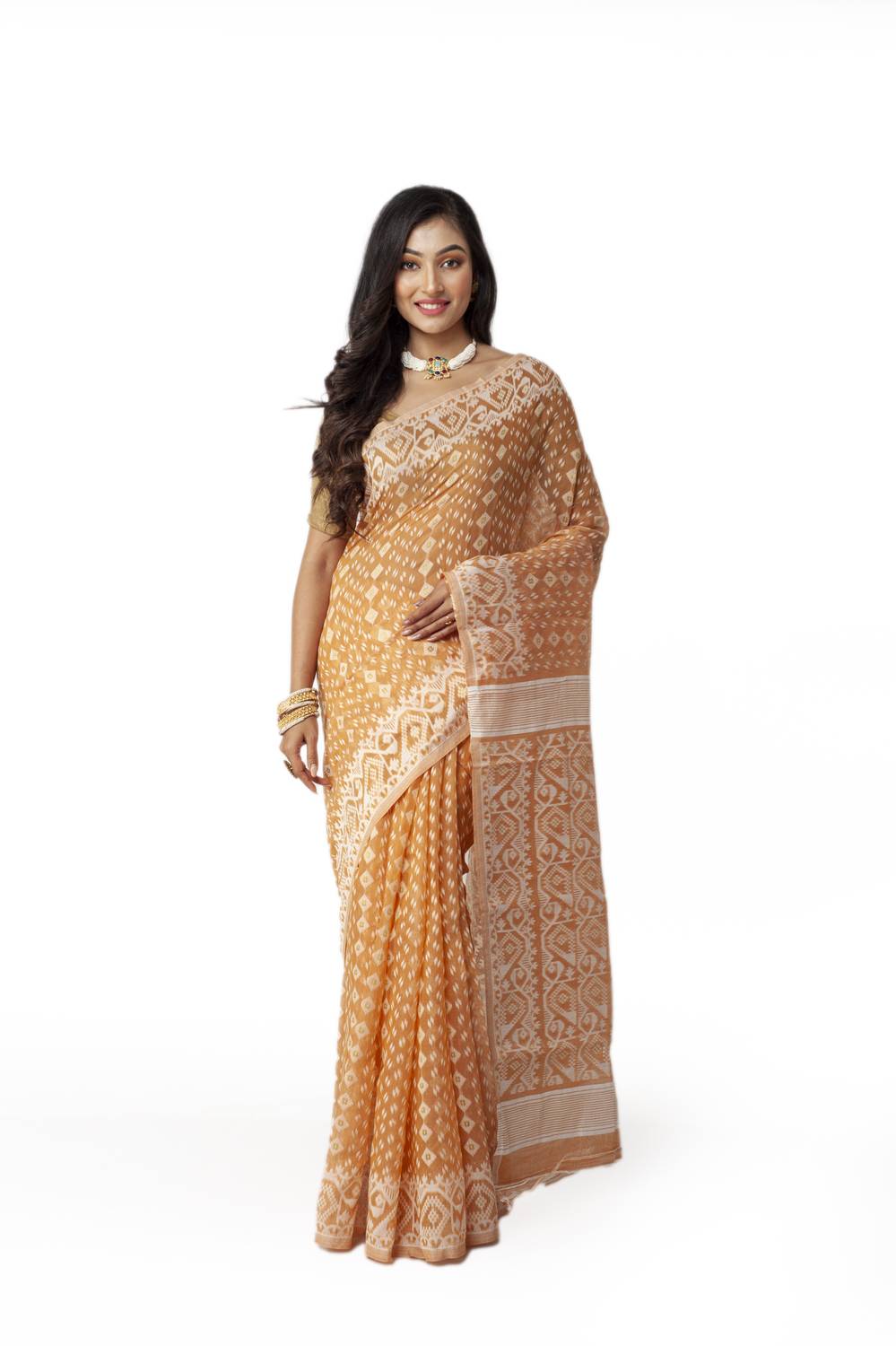 New Sareee Center Woven Jamdani Pure Cotton Saree (Beige)