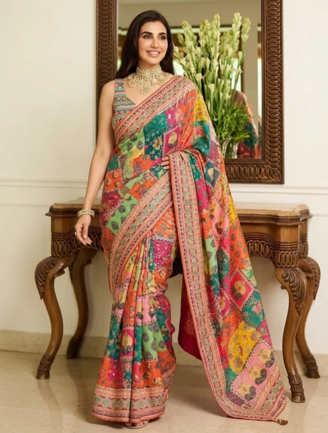 Image of DRISHTI CREATION Geometric Print Bollywood Dupion Silk, Jute Silk Saree