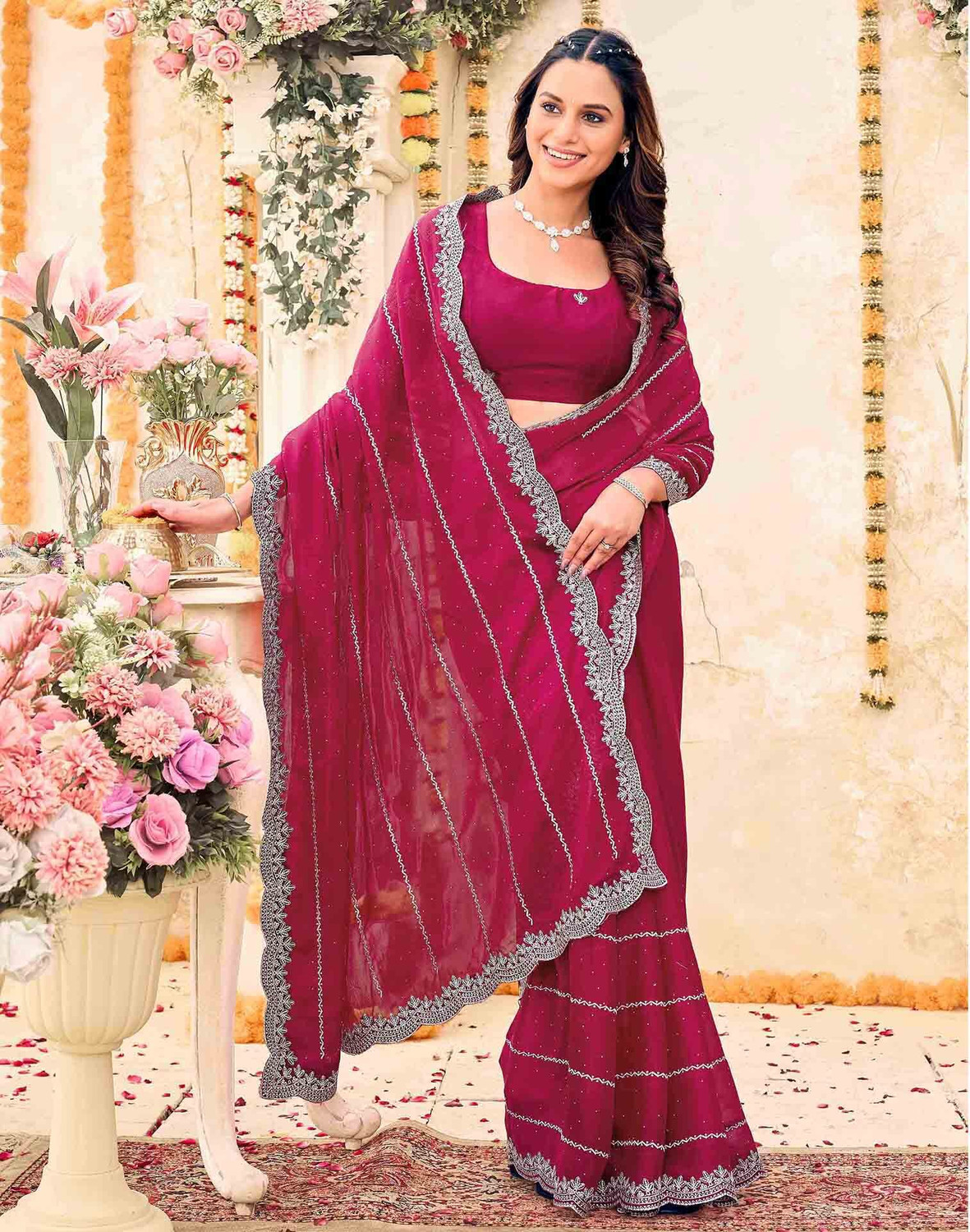 Image of Satrani Embroidered, Embellished Daily Wear Georgette Saree (Pink)