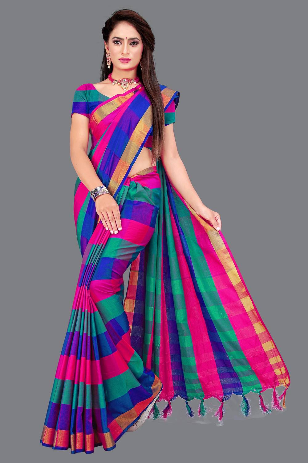 Shaibo saree Checkered Daily Wear Cotton Silk Saree (Multicolor)