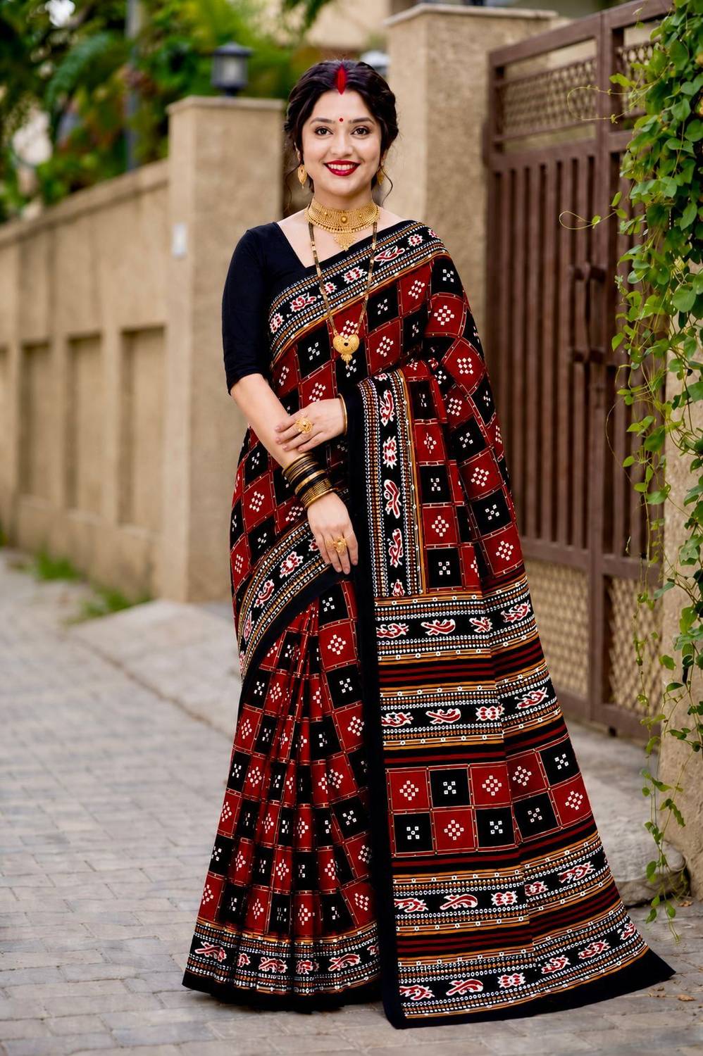 AARUSHRI Geometric Print, Woven Sambalpuri Cotton Blend Saree